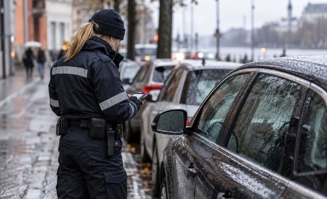 Pysäköinninvalvoja tarkastamassa pysäköityä autoa kaupungin kadulla